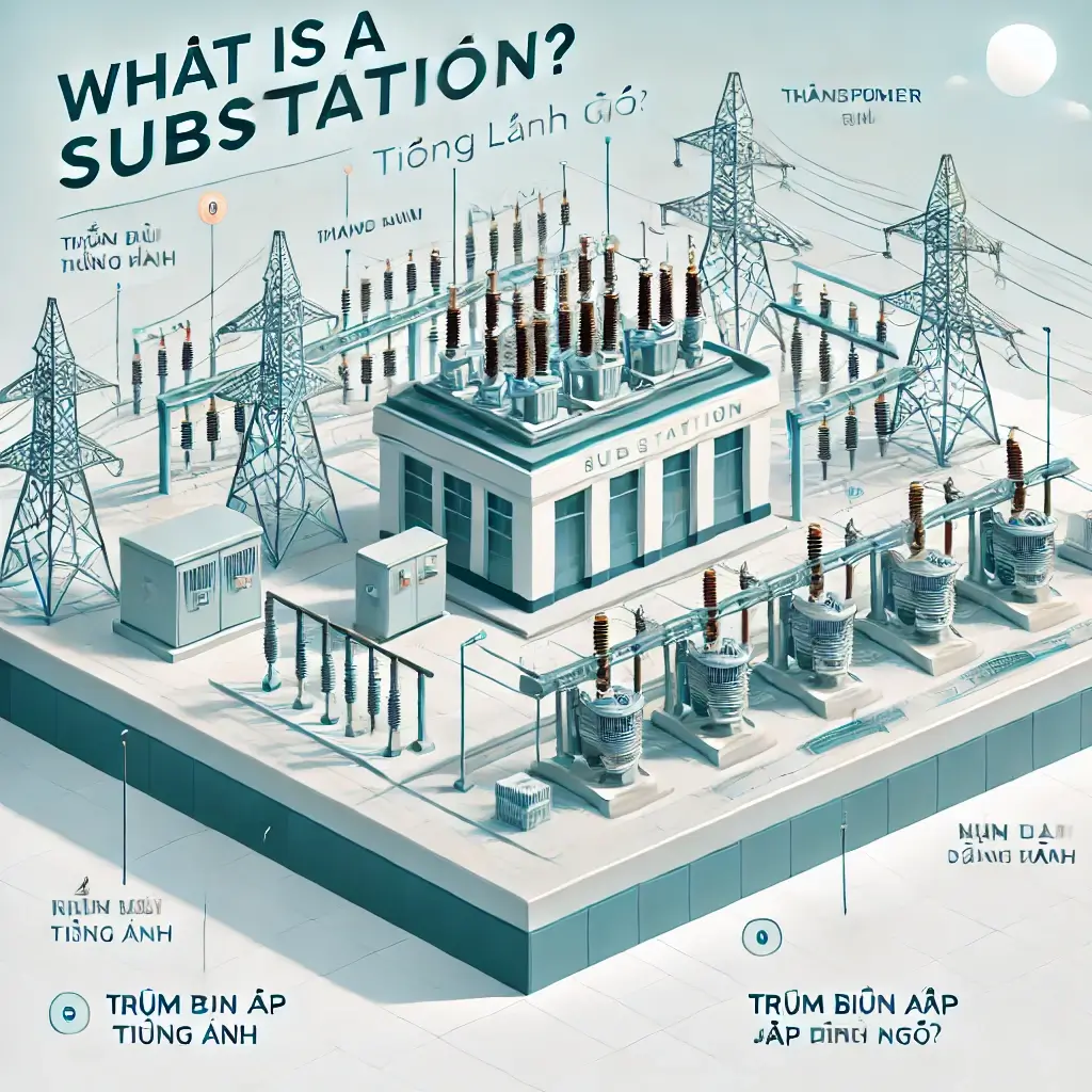 Minh họa trạm biến áp (substation) với các thành phần chính gồm máy biến áp, dây điện và hệ thống điều khiển, trong bối cảnh hiện đại và sạch sẽ.