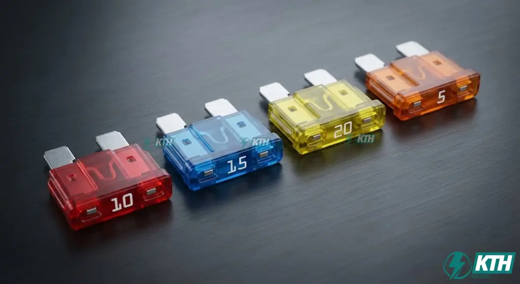 Bảng quy định màu sắc cầu chì dẹt ô tô xe máy: Đỏ 10A, Xanh 15A, Vàng 20A.