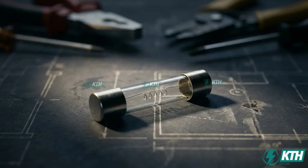 Cấu tạo chi tiết dây chảy kim loại bên trong cầu chì ống thủy tinh dùng cho thiết bị điện tử.