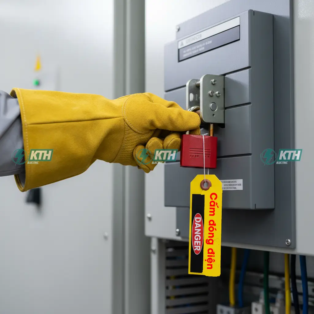 Kỹ sư KTH ELECTRIC đang thực hiện quy trình LOTO (Lockout-Tagout) trên tủ điện hạ thế trước khi bảo trì.