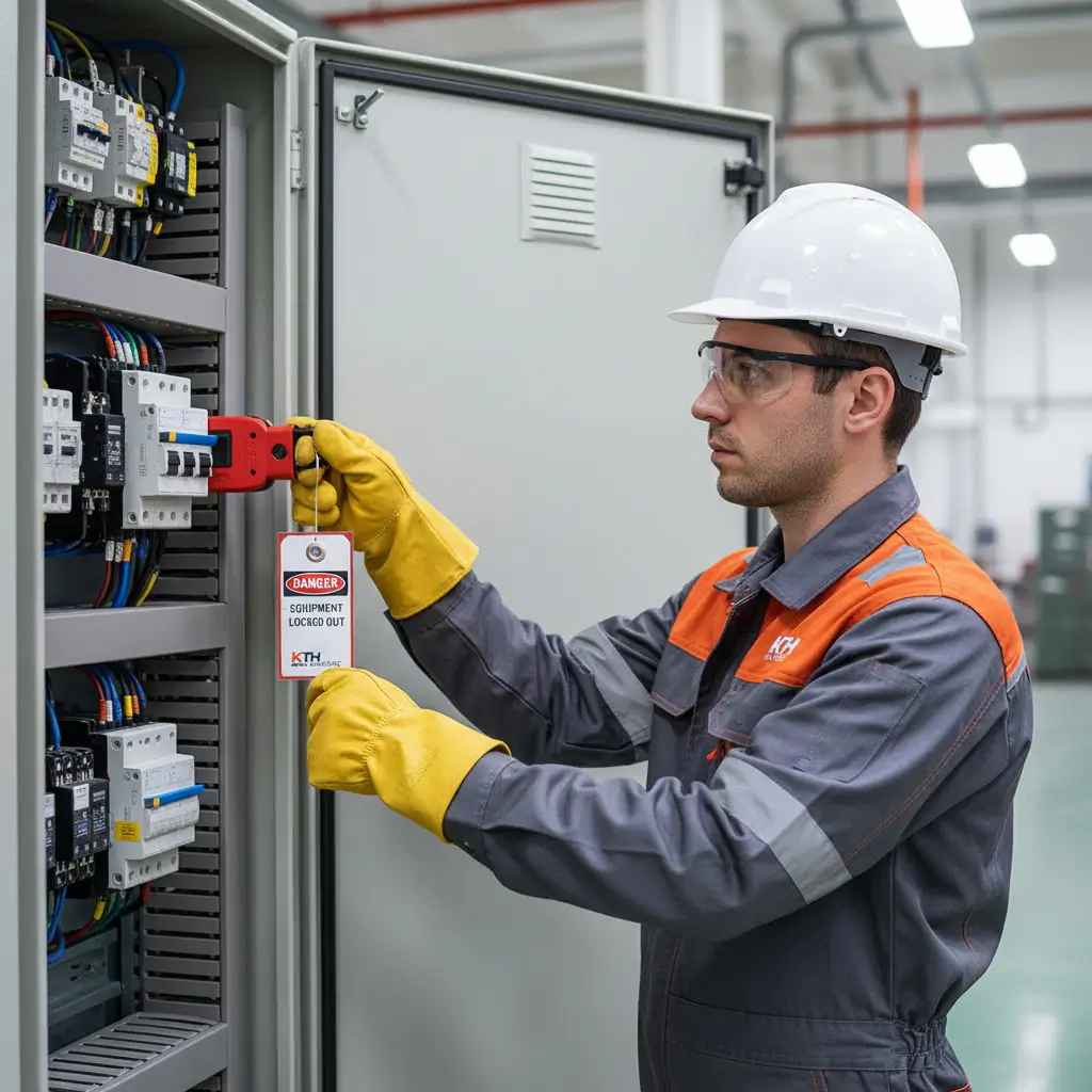 Kỹ sư KTH thực hiện quy trình an toàn LOTO (Khóa và gắn thẻ) trước khi bảo trì tủ điện