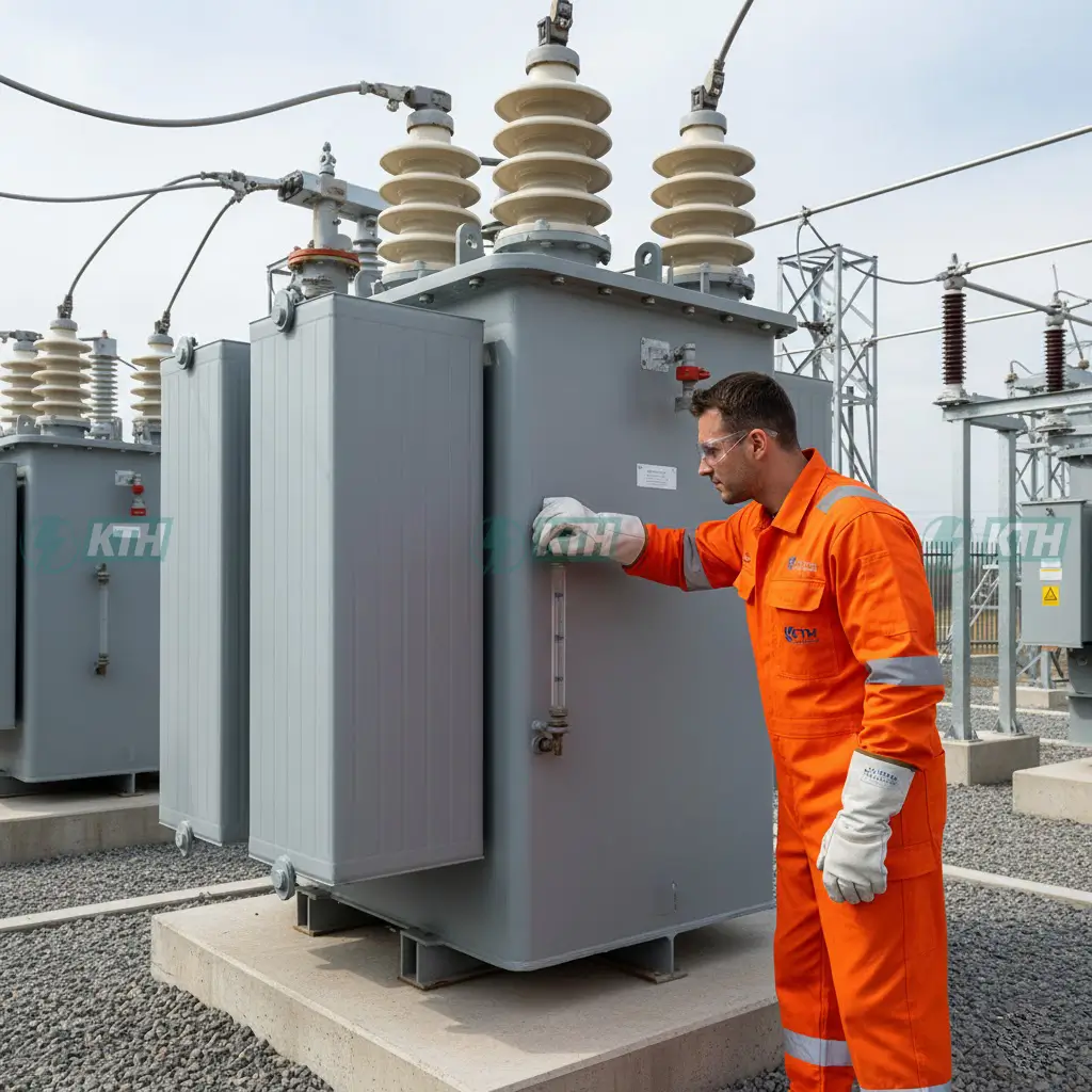 Kỹ thuật viên KTH đang kiểm tra mức dầu máy biến áp công nghiệp