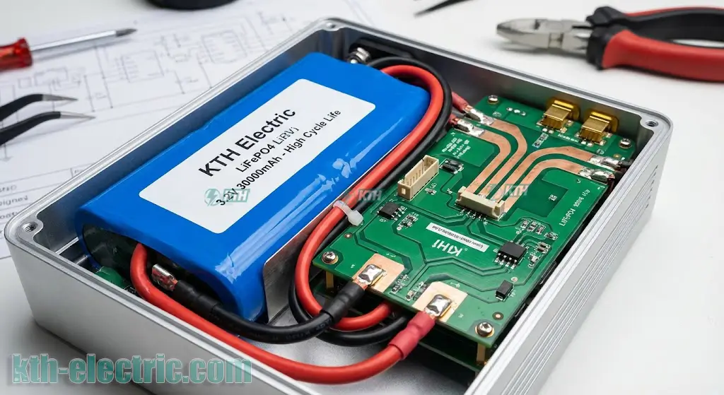 Cấu tạo bên trong đèn năng lượng mặt trời chính hãng sử dụng pin Lithium LiFePO4 màu xanh.