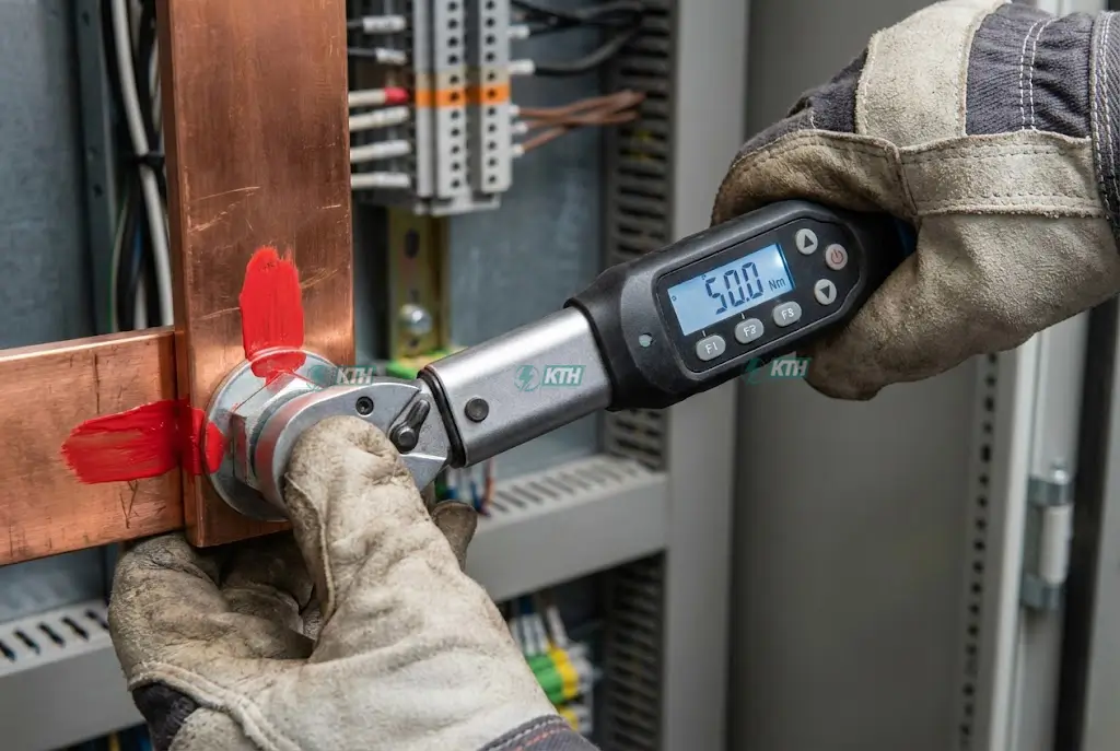 Kỹ thuật viên sử dụng cờ lê lực siết bu lông thanh cái và đánh dấu sơn (marking) sau khi hoàn tất.