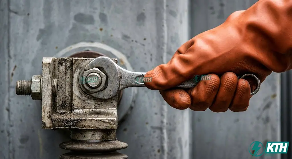 Trạm Biến Áp Ngoài Trời: Phân Loại, Tiêu Chuẩn & Báo Giá 2025 5 Kỹ thuật viên thực hiện bảo trì siết ốc và kiểm tra tiếp xúc điểm nối trạm biến áp định kỳ.