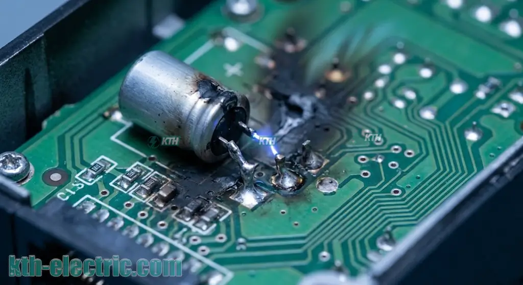 Bo mạch điện tử bị cháy đen và nổ tụ điện do sốc điện quá áp.