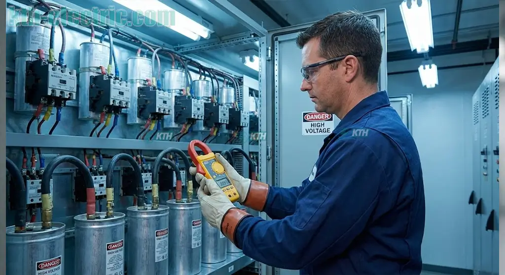 Kỹ thuật viên Etinco dùng ampe kìm kiểm tra dòng điện của tụ bù để khắc phục lỗi Lo I hoặc Ou I.