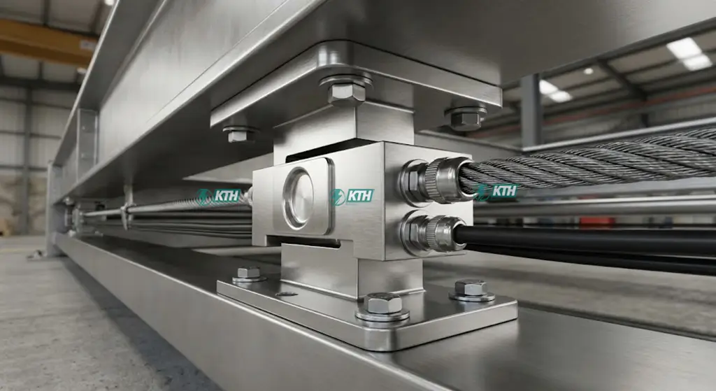 Tất Tần Tật Về Trạm Cân Xe Tải: Cấu Tạo, Phân Loại & Báo Giá 2025 2 Cận cảnh cảm biến lực Loadcell kỹ thuật số (Digital) nhập khẩu chính hãng lắp đặt dưới gầm trạm cân ô tô.
