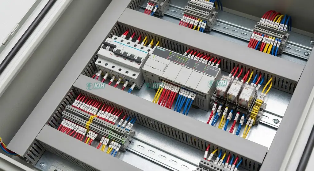 Tủ Điện Là Gì? "Giải Phẫu" Cấu Tạo & Tiêu Chuẩn IEC (2025) 2 Cấu tạo bên trong tủ điện gồm Aptomat MCB, PLC và hệ thống dây đấu nối gọn gàng.