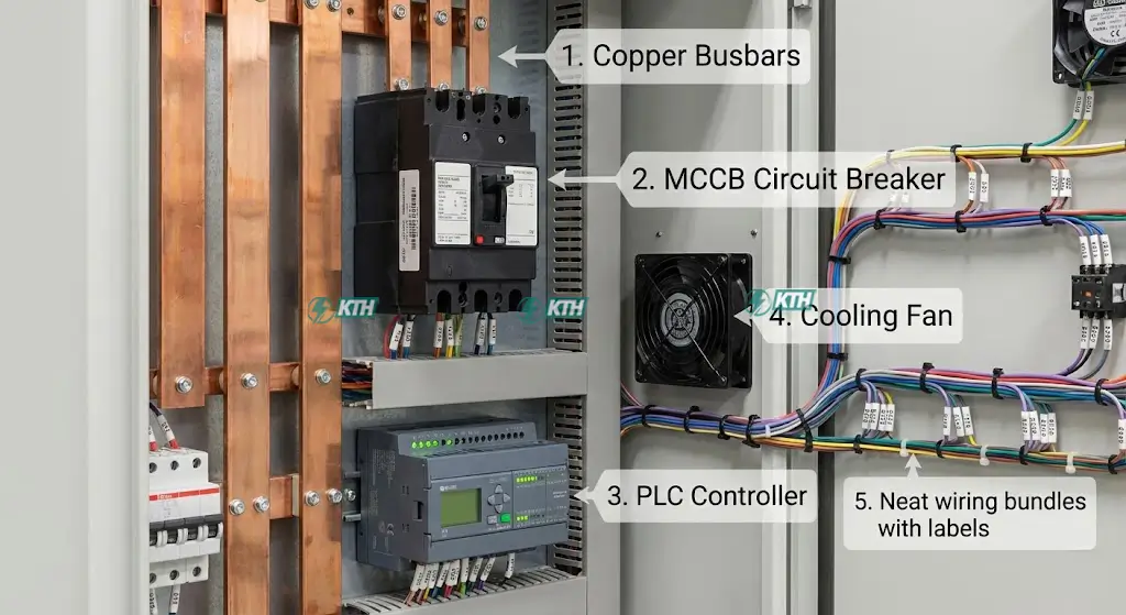 Cấu tạo chi tiết bên trong tủ điện công nghiệp gồm thanh cái đồng, aptomat MCCB, bộ điều khiển PLC và hệ thống dây dẫn gọn gàng.