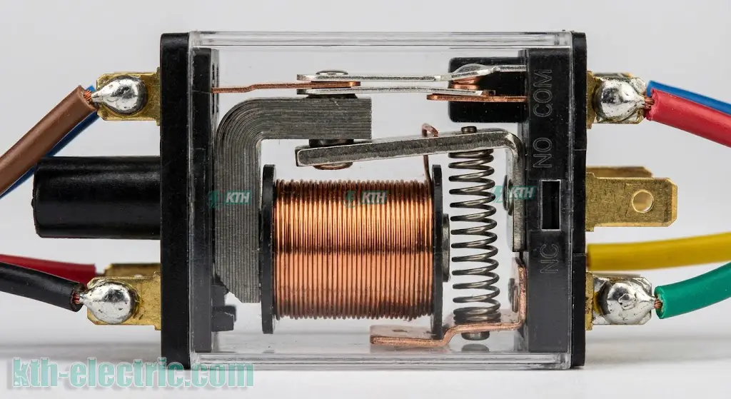 Hình ảnh cắt bổ chi tiết cấu tạo bên trong của một Rơ le điện từ, hiển thị cuộn hút, lò xo và các tiếp điểm NO NC COM.