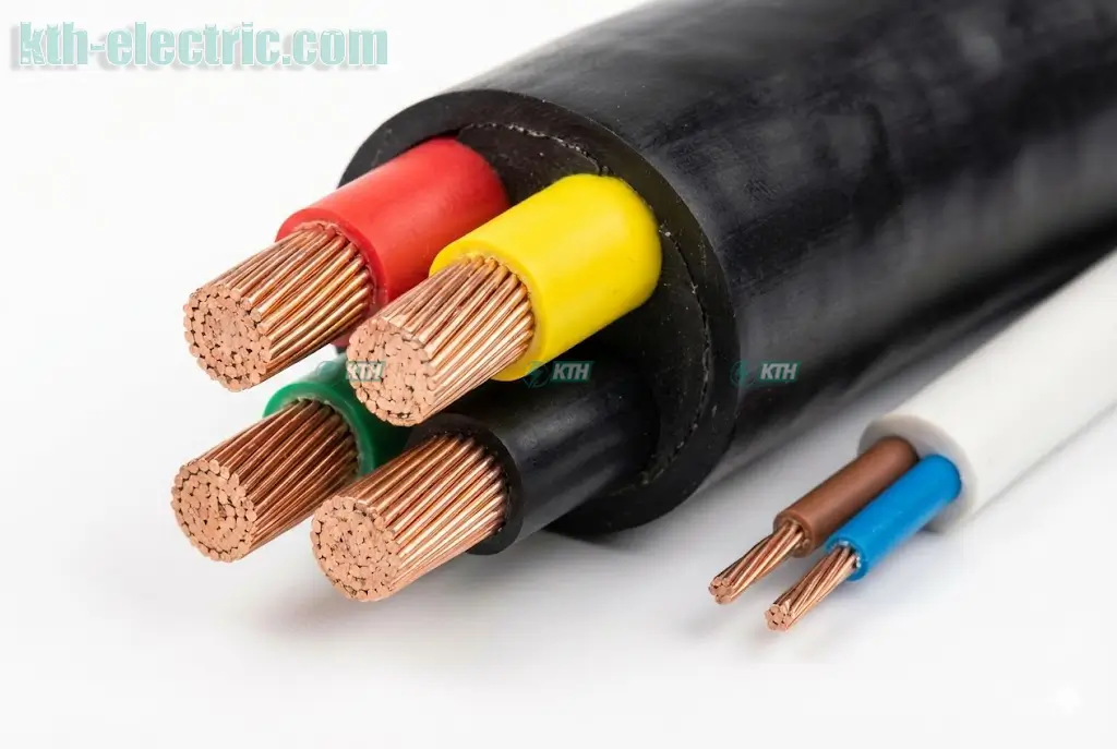 Cấu tạo cáp điện 3 pha 4 dây gồm 3 dây nóng màu Đỏ Vàng Xanh và 1 dây trung tính màu Đen.