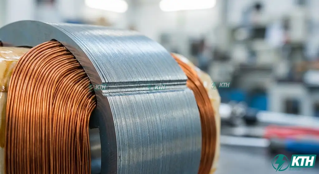 Cận cảnh cấu tạo lõi thép silic và dây quấn đồng nguyên chất 100% bên trong máy biến áp hiệu suất cao.