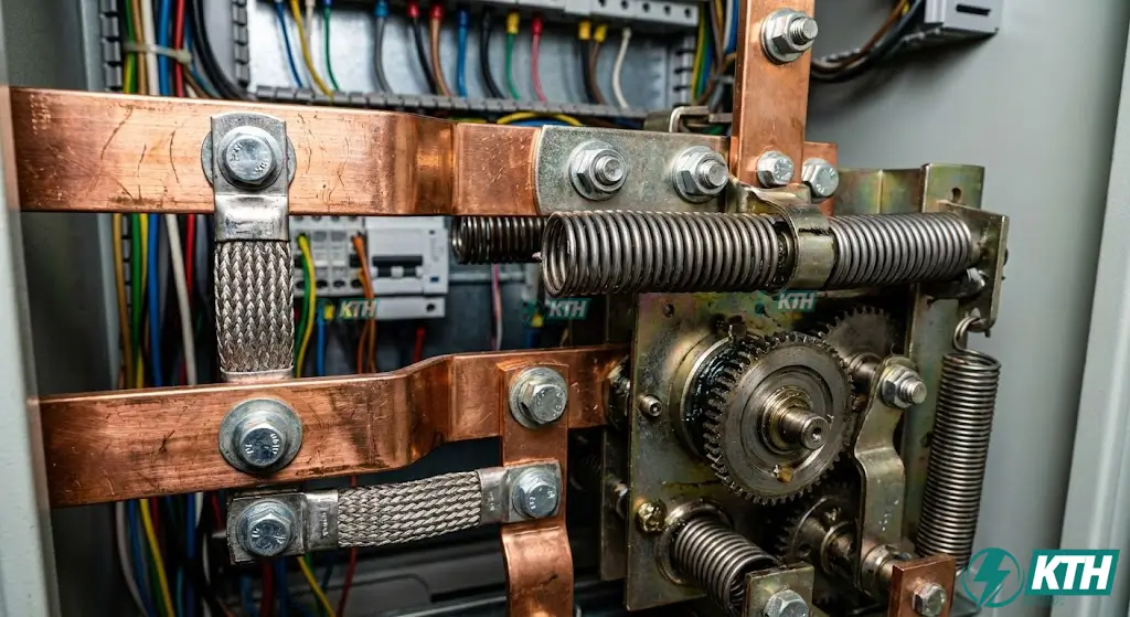 Cấu tạo chi tiết máy cắt điện (Circuit Breaker) và thanh cái đồng bên trong trạm cắt trung thế.