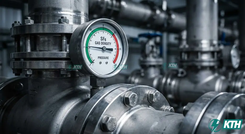 Cấu tạo chi tiết trạm biến áp GIS với đồng hồ giám sát mật độ khí SF6 và hệ thống đường ống khí nén