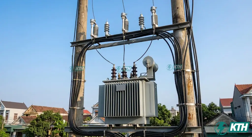 Trạm Biến Áp Ngoài Trời: Phân Loại, Tiêu Chuẩn & Báo Giá 2025 2 Cấu tạo trạm biến áp treo trên cột bê tông ly tâm công suất dưới 400kVA chi phí thấp.