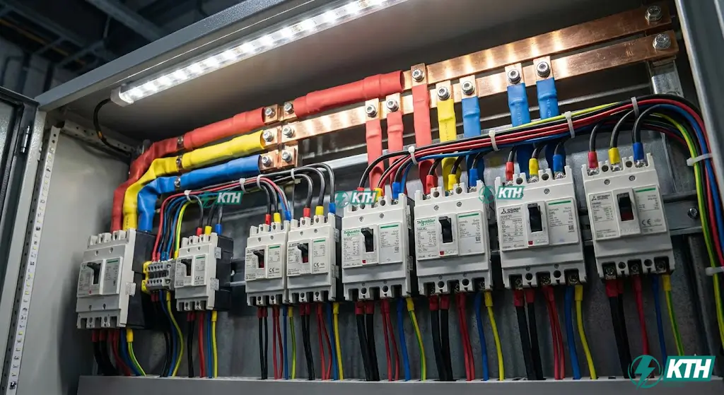 Cấu tạo bên trong tủ điện tổng MSB với hệ thống thanh cái đồng và Aptomat chính hãng.