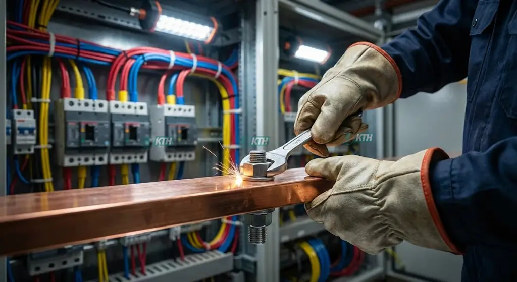 Dự Án Thi Công Điện MEP Royal City 3 Kỹ thuật viên đấu nối thanh cái đồng Busbar trong tủ điện tổng MSB theo tiêu chuẩn lực siết Torque.