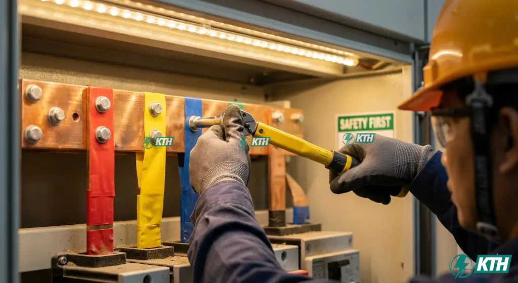 Kỹ sư điện đang thi công đấu nối thanh cái đồng tủ điện phân phối MSB bằng cờ lê lực đúng kỹ thuật an toàn.