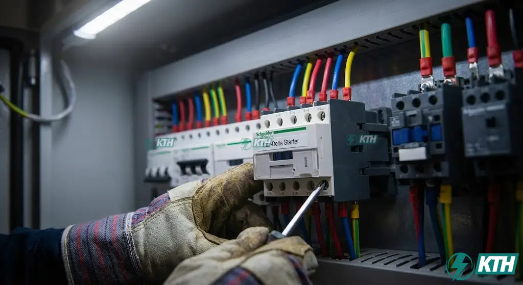 Hình ảnh kỹ thuật viên điện đang đấu nối dây điều khiển vào bộ khởi động từ contactor trong tủ điện sao tam giác, đảm bảo kỹ thuật và an toàn điện.