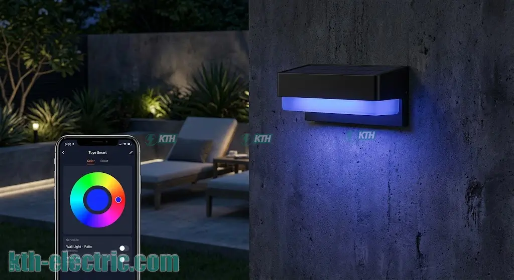 Đèn sân vườn Smart Wifi Solar (mẫu đèn 2025) vỏ nhôm đúc, hiển thị khả năng đổi màu RGB và điều khiển tự động qua ứng dụng IoT.