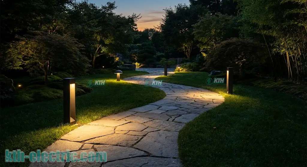 Phối cảnh đèn trụ nấm thấp và đèn bollard sân vườn 3000K phong cách tối giản, tạo ánh sáng vàng ấm áp chống chói.