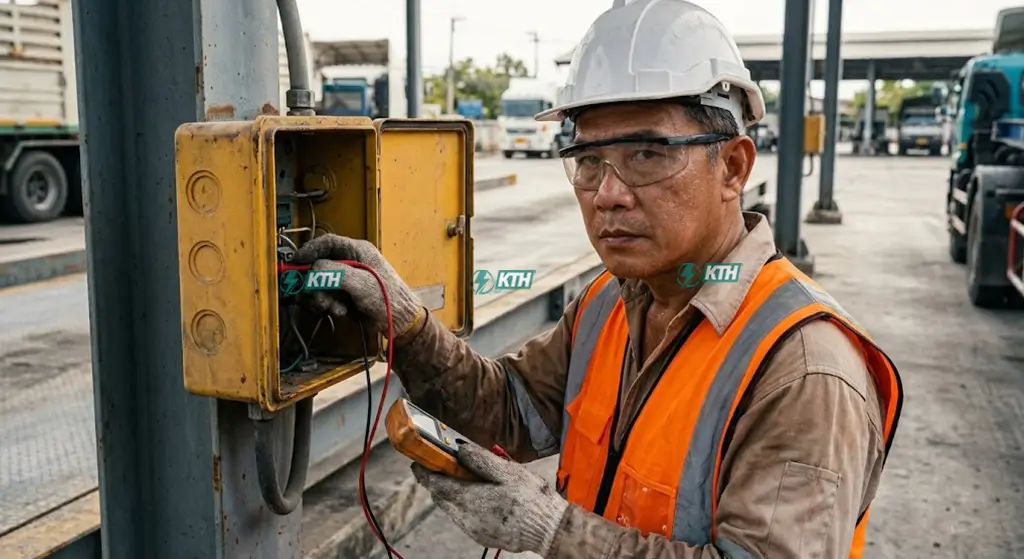 Tất Tần Tật Về Trạm Cân Xe Tải: Cấu Tạo, Phân Loại & Báo Giá 2025 4 Kỹ sư KTH Electric đang kiểm tra hộp nối tín hiệu và bảo trì hệ thống điện trạm cân xe tải định kỳ.