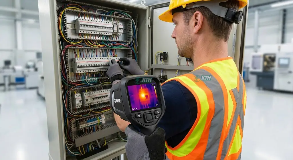 Kỹ sư KTH Electric sử dụng camera nhiệt Thermal Scan kiểm tra tủ điện để phát hiện điểm quá nhiệt.