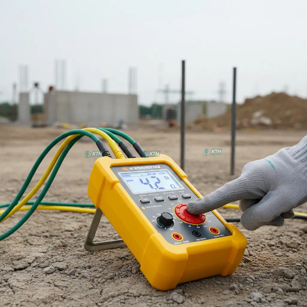 Khoan Giếng Tiếp Địa: Quy Trình 5 Bước & Định Mức Chuẩn TCVN 2025 4 Đo điện trở bãi tiếp địa bằng máy Kyoritsu đạt chuẩn TCVN