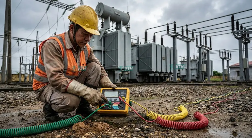 Kỹ thuật viên KTH Electric đang đo điện trở tiếp địa tại trạm biến áp bằng máy đo Kyoritsu 4105A.