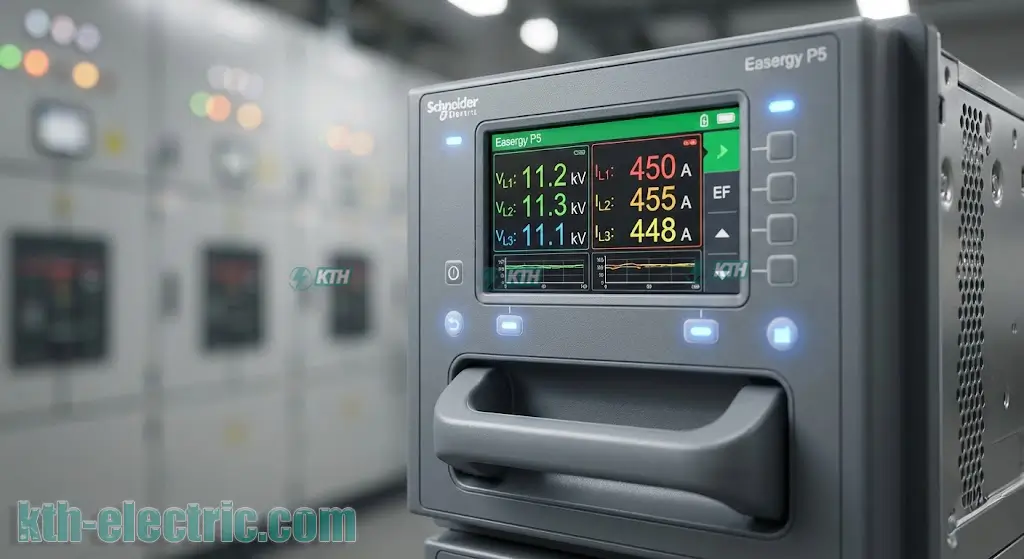 Nâng Cấp Rơ Le Sepam Lên Easergy P5 & P7: Giải Pháp Tối Ưu 2 Cận cảnh màn hình hiển thị và thiết kế dạng rút kéo của rơ le bảo vệ Easergy P5 Schneider Electric.