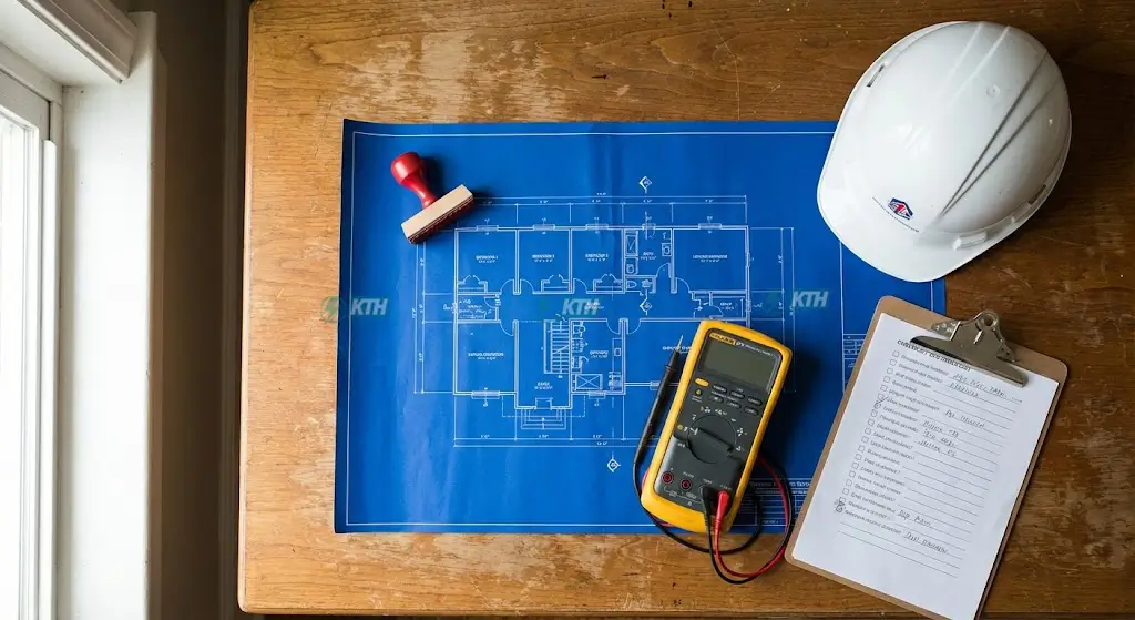 Các thành phần trong bộ hồ sơ hoàn công điện nước gồm bản vẽ, biên bản nghiệm thu và thiết bị đo kiểm.