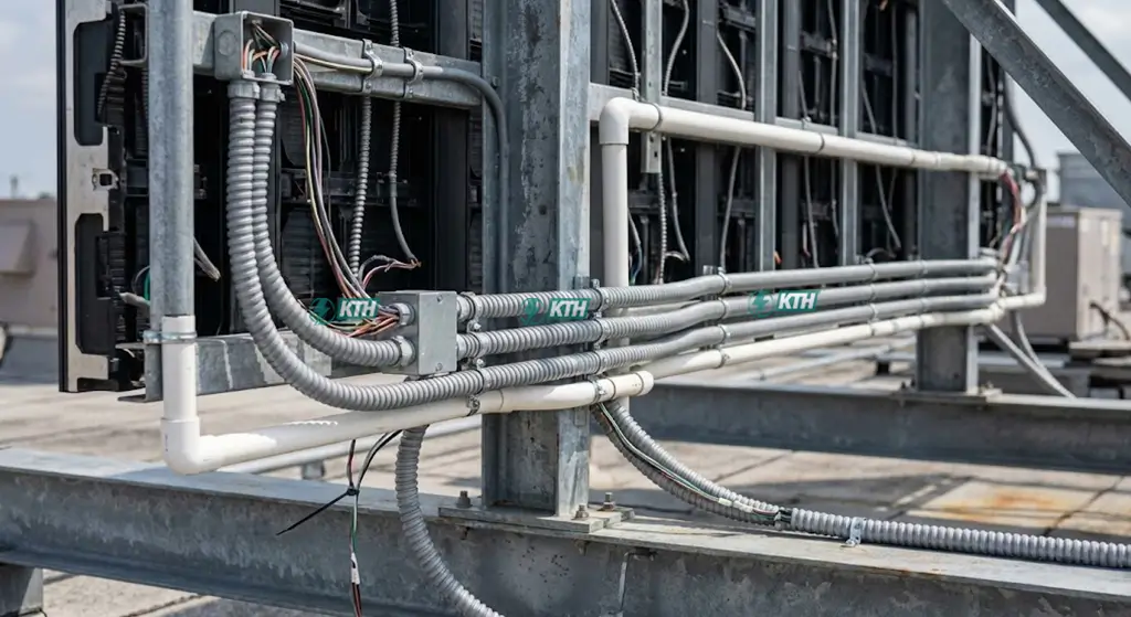 Cận cảnh hệ thống dây điện biển hiệu LED được luồn trong ống ruột gà lõi thép và ống nhựa PVC chống cháy đảm bảo quy định PCCC.