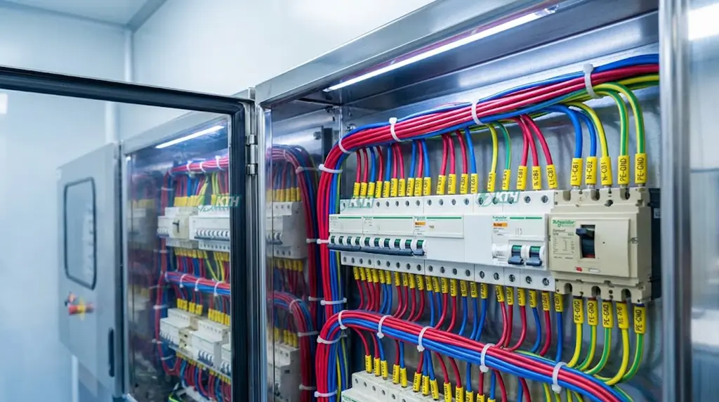 Thi Công Điện Phòng Sạch Đạt Chuẩn GMP/ISO - Báo Giá 2025 2 Đấu nối tủ điện phân phối phòng sạch vỏ Inox 304 với aptomat Schneider và dây cáp được đánh số chi tiết.