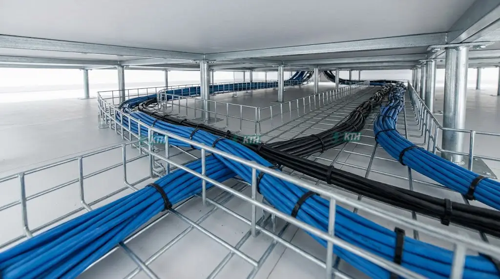 Wire mesh cable tray system for power and LAN cables under raised access floor.