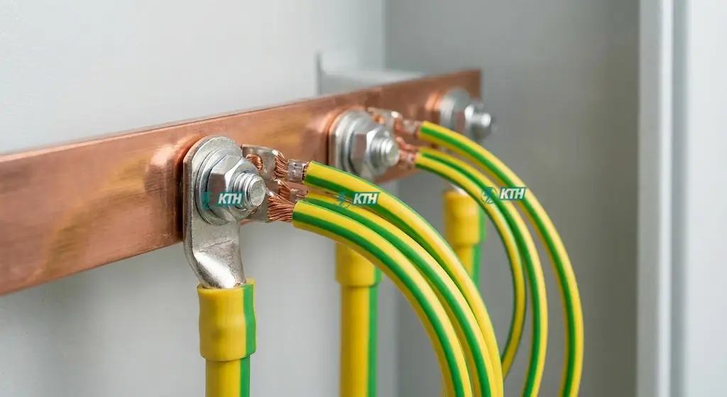 TCVN 7447: Hướng Dẫn Tính Toán & Lắp Đặt Điện Hạ Áp (2025) 4 Dây tiếp địa màu vàng sọc xanh lá cây được đấu nối vào thanh cái đồng trong tủ điện để đảm bảo an toàn nối đất.