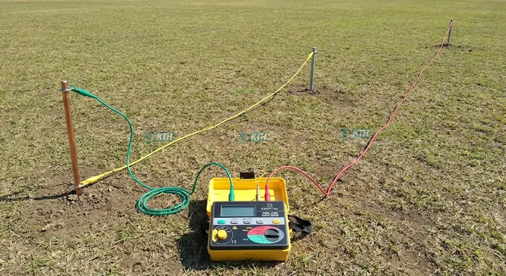 Sơ đồ bố trí phương pháp đo điện trở đất 3 cực (Fall-of-Potential) với 3 cọc E, P, C và máy đo.