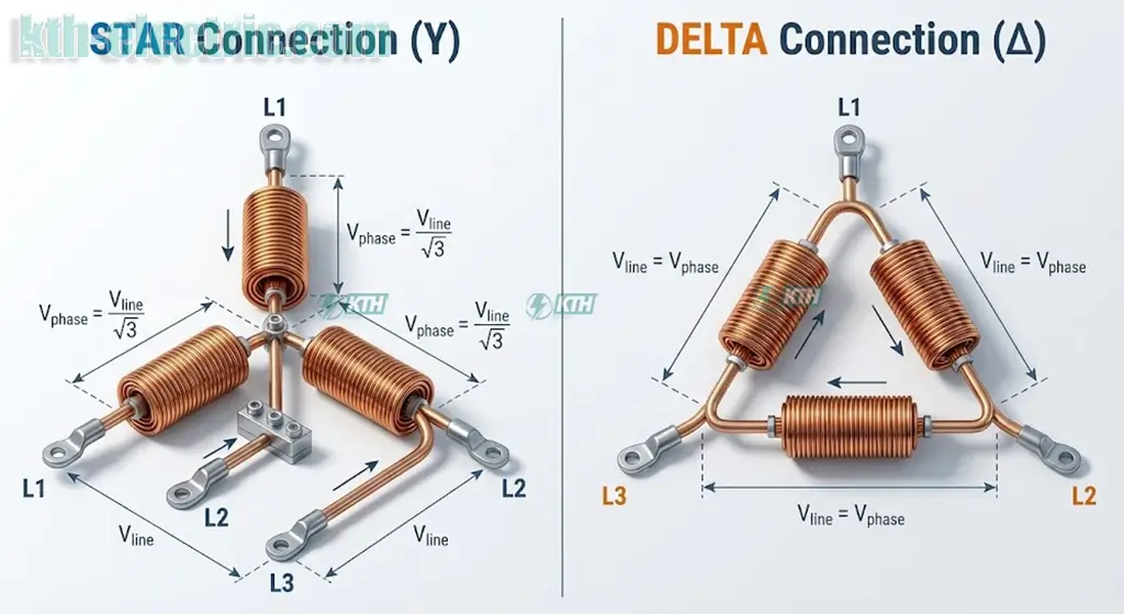 Sơ đồ đấu nối động cơ điện 3 pha hình Sao (Y) và hình Tam Giác (Delta) chi tiết.