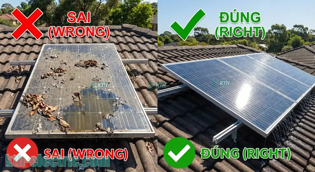 So sánh cách lắp đặt tấm pin năng lượng mặt trời đúng và sai: Góc nghiêng 15 độ giúp tự làm sạch bụi bẩn so với lắp phẳng dễ đọng nước.