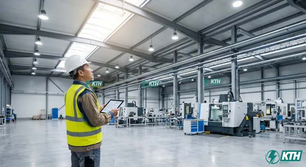 Xưởng 500m2 Cần Bao Nhiêu kW? Cách Tính Công Suất Điện 2025 2 Kỹ sư KTH Electric đang khảo sát mật độ suất phụ tải chiếu sáng và động lực tại nhà xưởng diện tích 500m2.