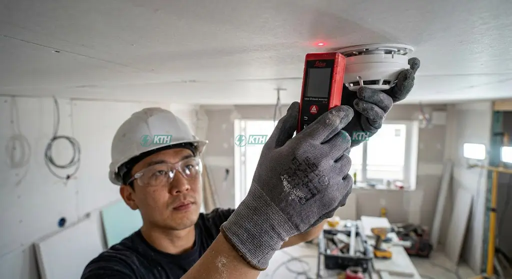 Kỹ thuật viên kiểm tra khoảng cách lắp đặt đầu báo khói tiêu chuẩn cách tường và điều hòa theo TCVN 5738.