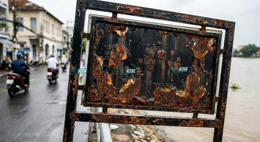Hiện tượng khung sắt bảng hiệu bị rỉ sét và ăn mòn điện hóa do hơi muối và gió sông tại khu vực Quận 7 Nhà Bè.