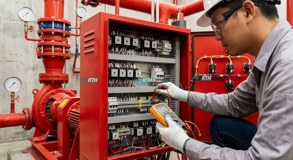 Kỹ thuật viên KTH Electric thực hiện bảo trì định kỳ hệ thống tủ điện điều khiển bơm chữa cháy và báo cháy trung tâm theo quy định Nghị định 136.