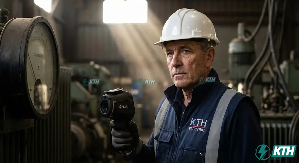 Kỹ sư KTH Electric đang thực hiện bảo trì, kiểm tra nhiệt độ và sự cố máy biến áp bằng camera nhiệt chuyên dụng.