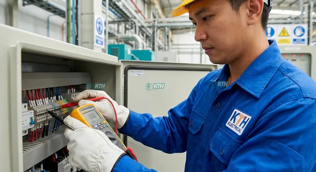 Tủ Điện Là Gì? "Giải Phẫu" Cấu Tạo & Tiêu Chuẩn IEC (2025) 5 Kỹ sư KTH Electric đang kiểm tra bảo trì tủ điện bằng đồng hồ đo chuyên dụng.