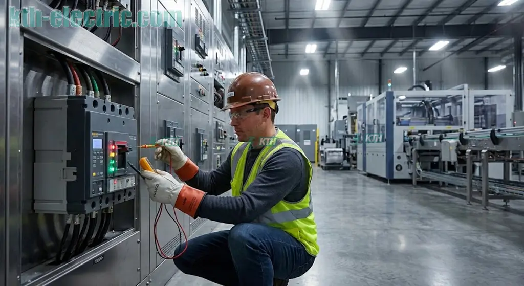 Kỹ sư KTH Electric đang kiểm tra hệ thống tủ điện 3 pha công nghiệp với các đèn báo pha Đỏ Vàng Xanh chuẩn kỹ thuật.