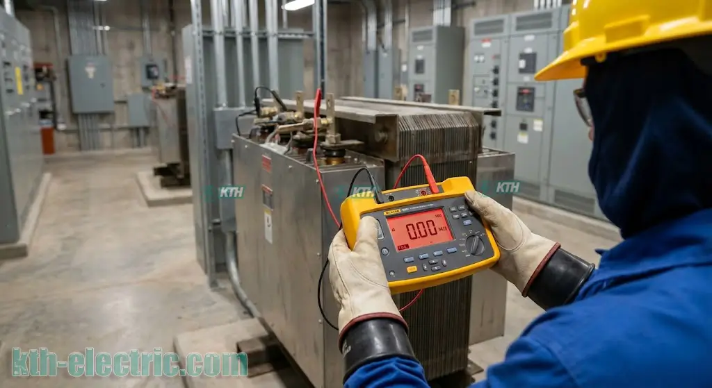 Kỹ thuật viên sử dụng Megomet đo điện trở cách điện máy biến áp bị ngập nước