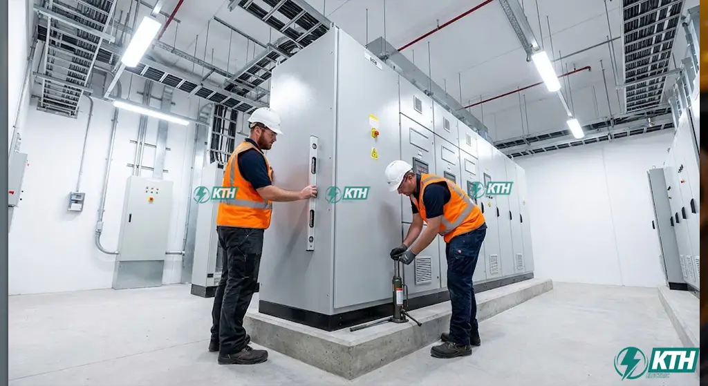 Quy trình lắp đặt và căn chỉnh tủ điện MSB trên bệ máy (housekeeping pad) đảm bảo độ cân bằng và an toàn vận hành.