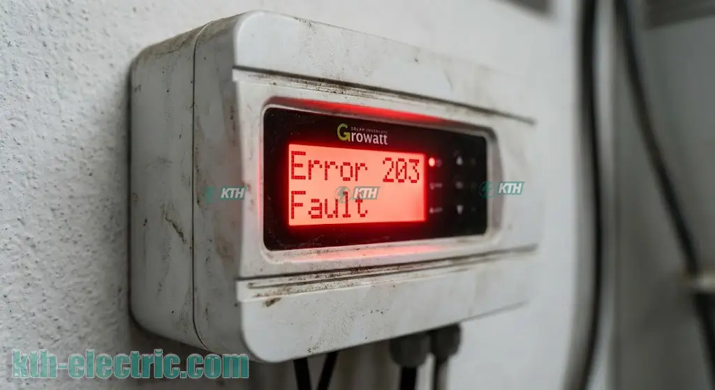 Màn hình biến tần Growatt báo đèn đỏ và hiển thị mã lỗi Error 203 thực tế.