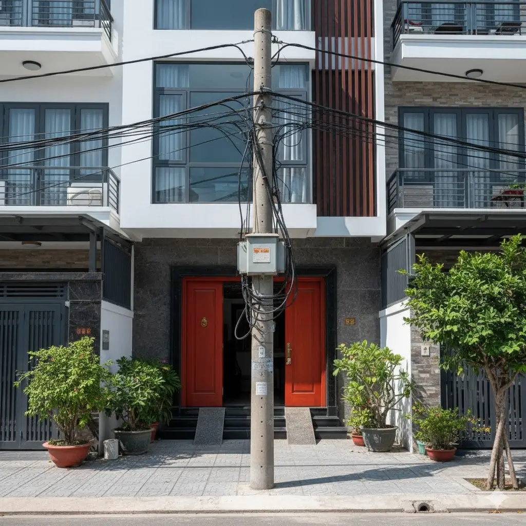 Hình ảnh cột điện chắn trước cửa nhà gây cản trở.